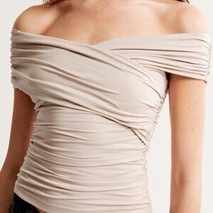 Abercrombie Women's Off-The-Shoulder Ruched Wrap Top (Light Taupe, Size S)
